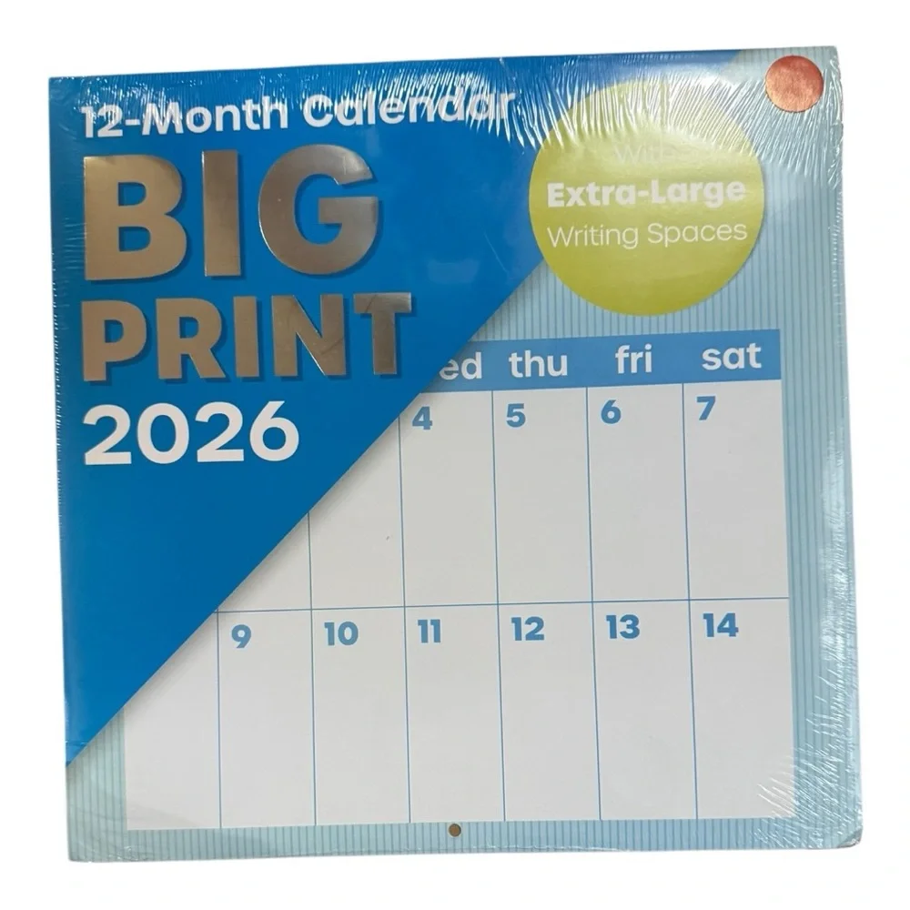 BIG PRINT 2026 12 Month Hanging Wall Calendar XL Writing Spaces 12” X 24” NWT